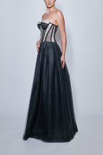 Charger l'image dans la galerie, isabell-kristensen-monaco-boutique-robe-soiree-tulle-corset-cristal-anthracite-profil